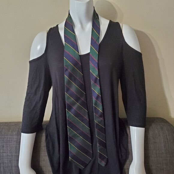 Fashion Neckwear Green, Blue, Yellow, & Red Striped Silk Tie - Picture 3 of 5